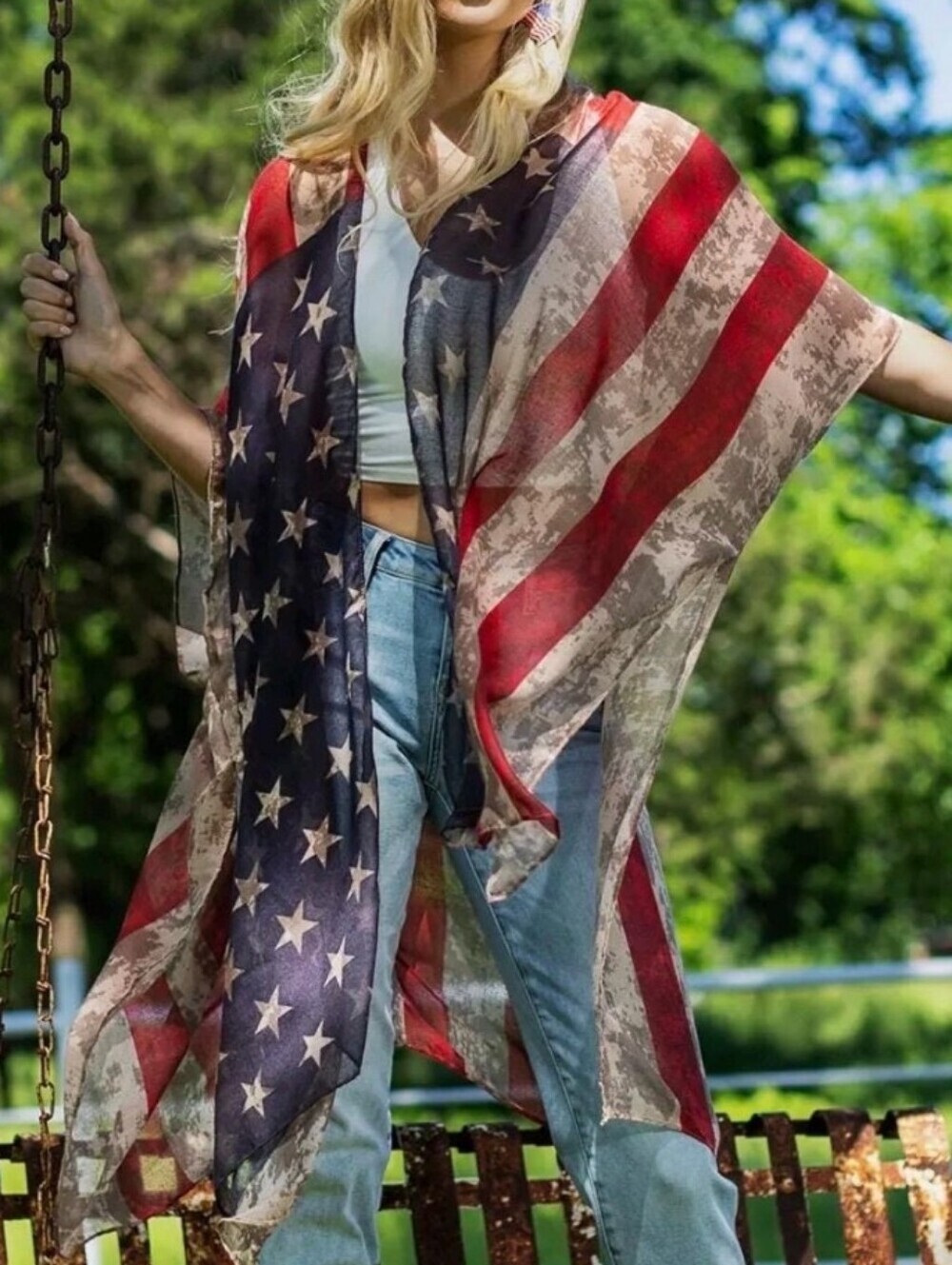 American Flag Sheer Kimono Wrap - Red, White & Blue
